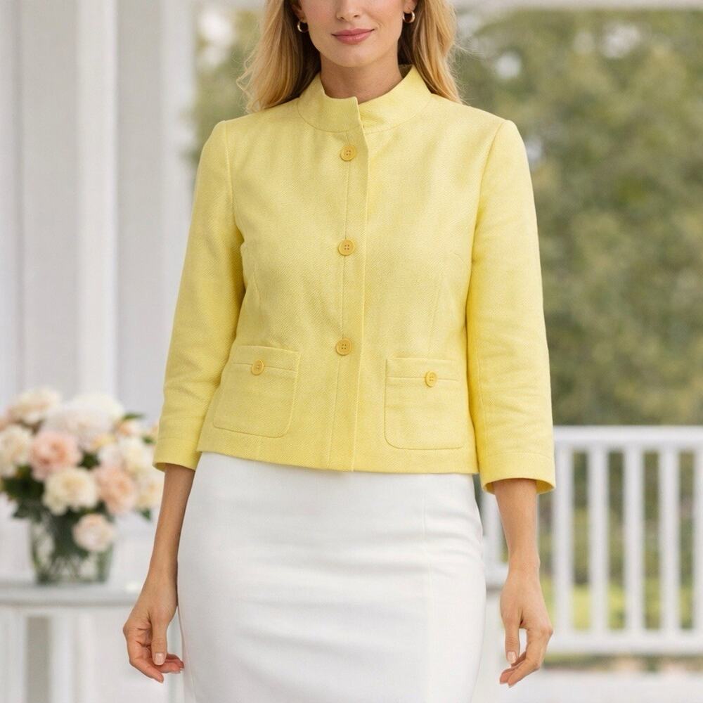Talbots 100% Linen Preppy Lemon Yellow Blazer Jacket Brunch Career 6
